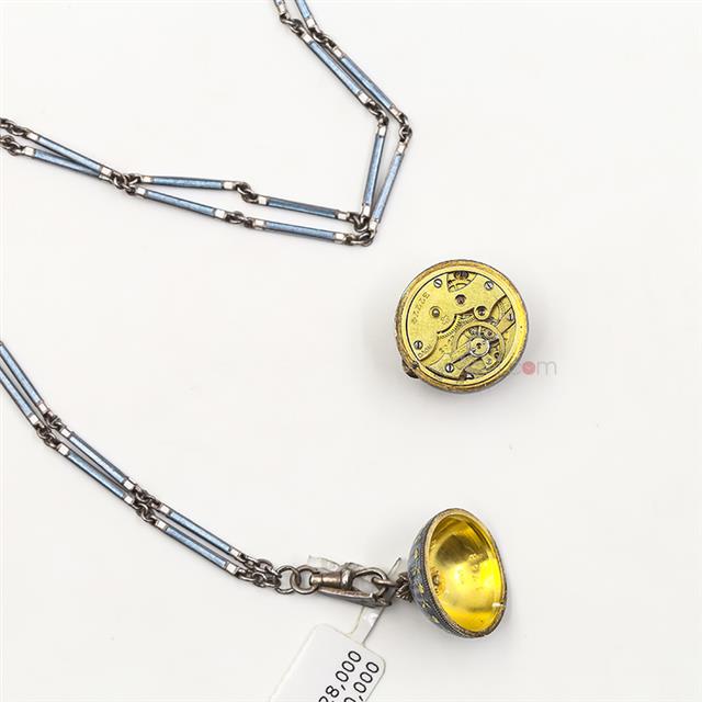 波洛格银与蓝色珐琅和金色花卉装饰项链表